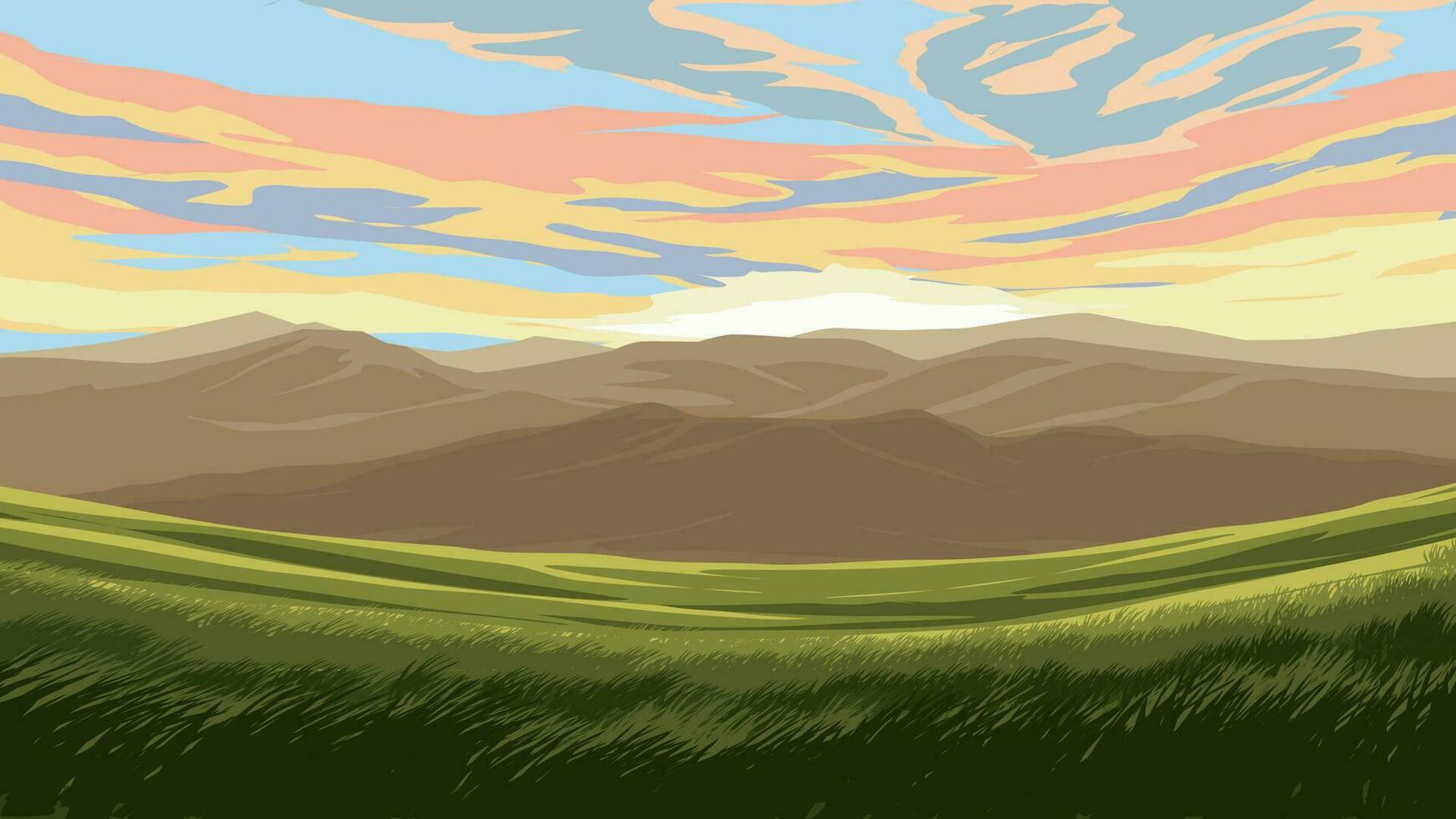 vetor ilustração do nascer do sol com montanhas e campo