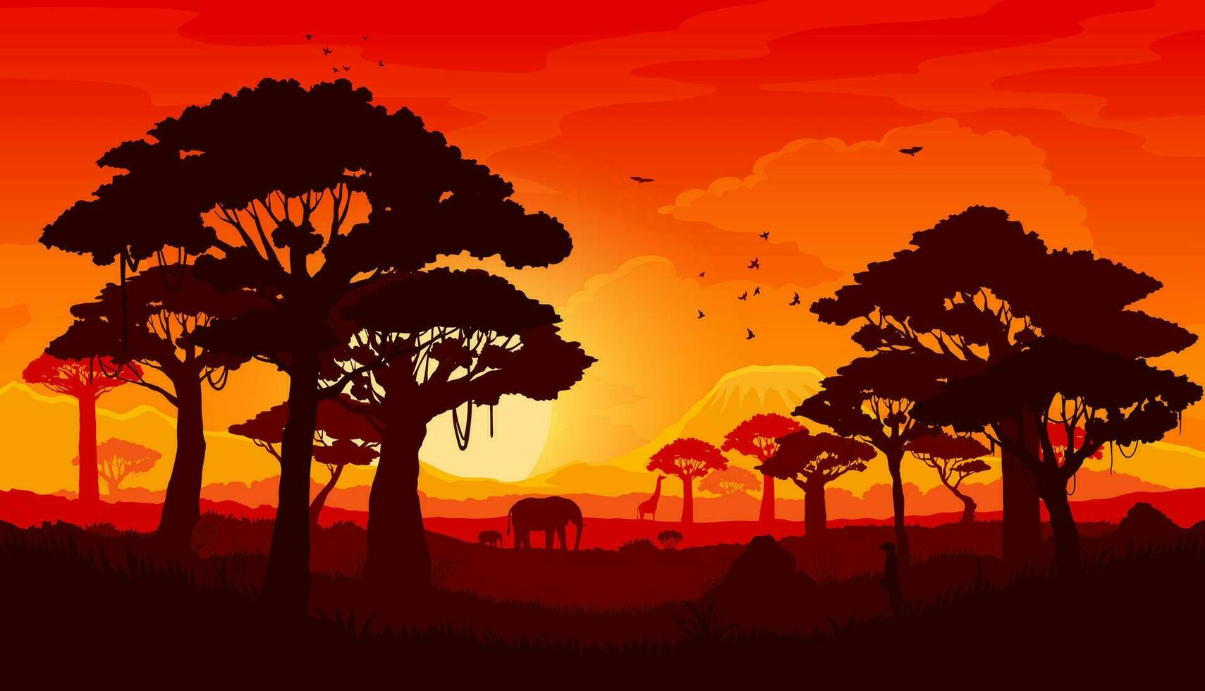 africano savana pôr do sol panorama silhueta vetor
