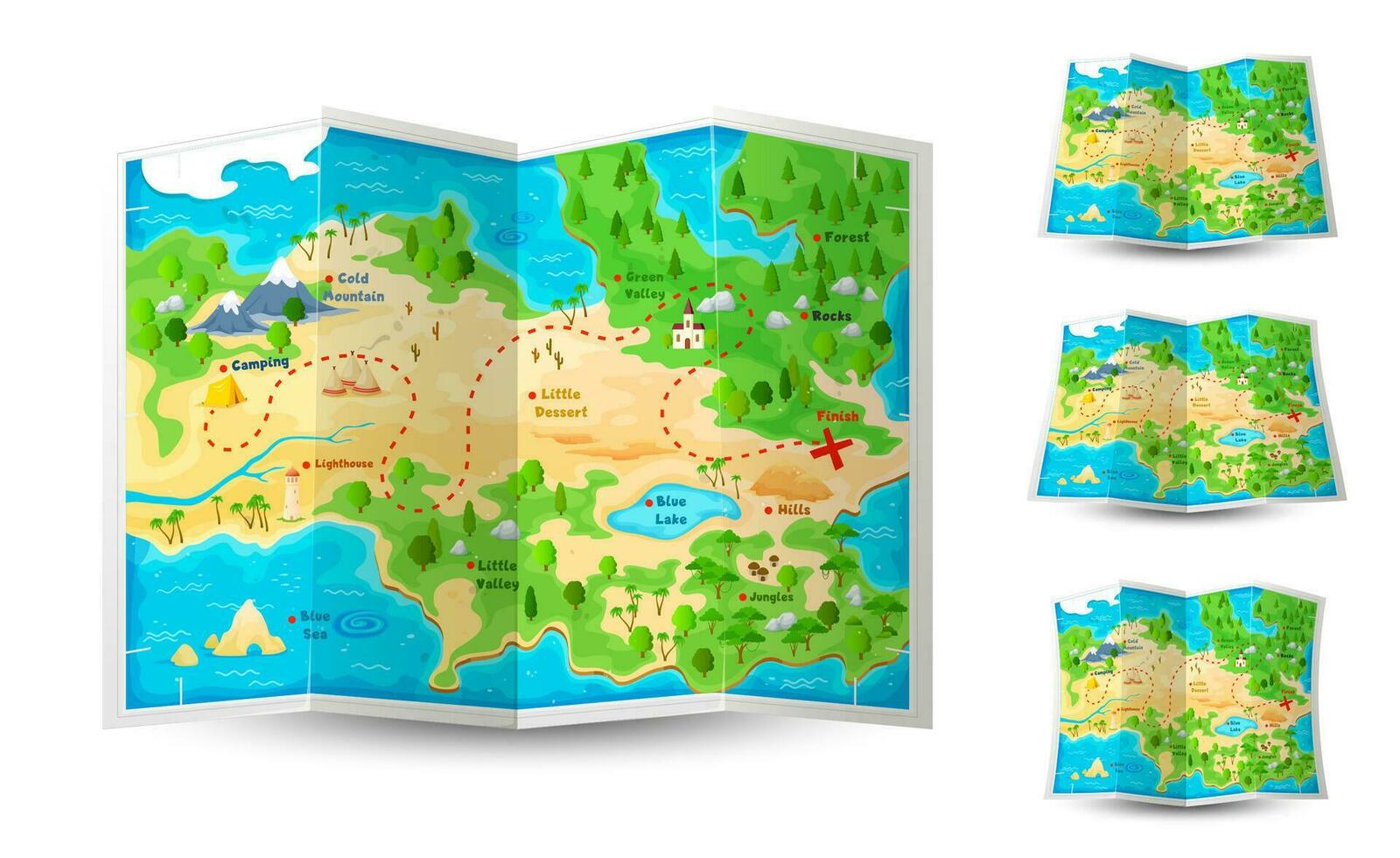 desenho animado jogos papel mapa, expedição e aventura vetor