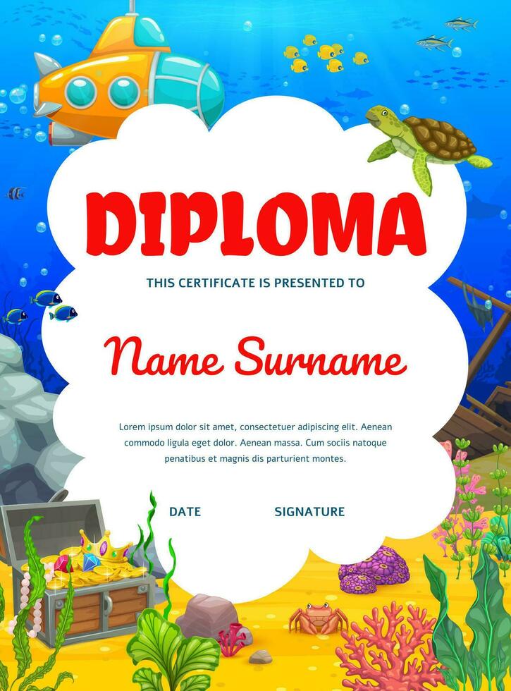 crianças diploma, desenho animado amarelo submarino, embaixo da agua vetor