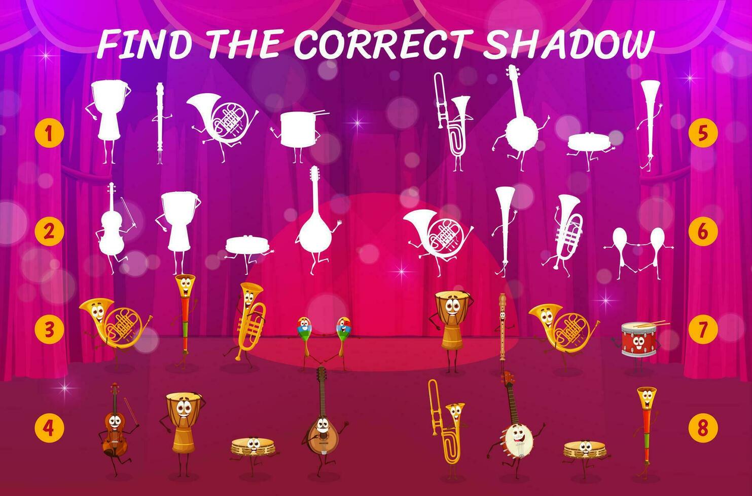 encontre o jogo de sombra correto com instrumentos musicais vetor