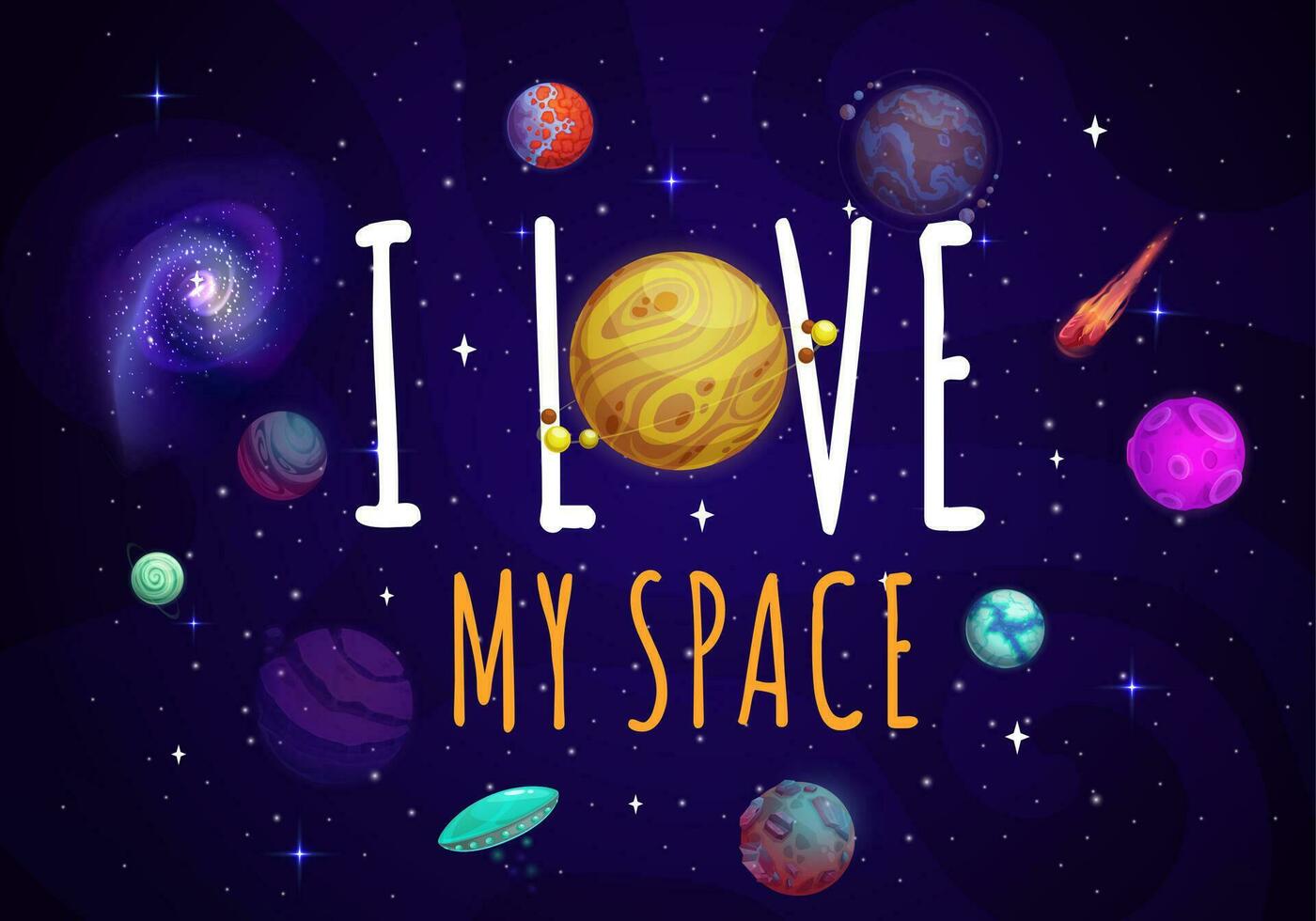 Eu amor meu espaço citar. estrelado galáxia com planetas vetor