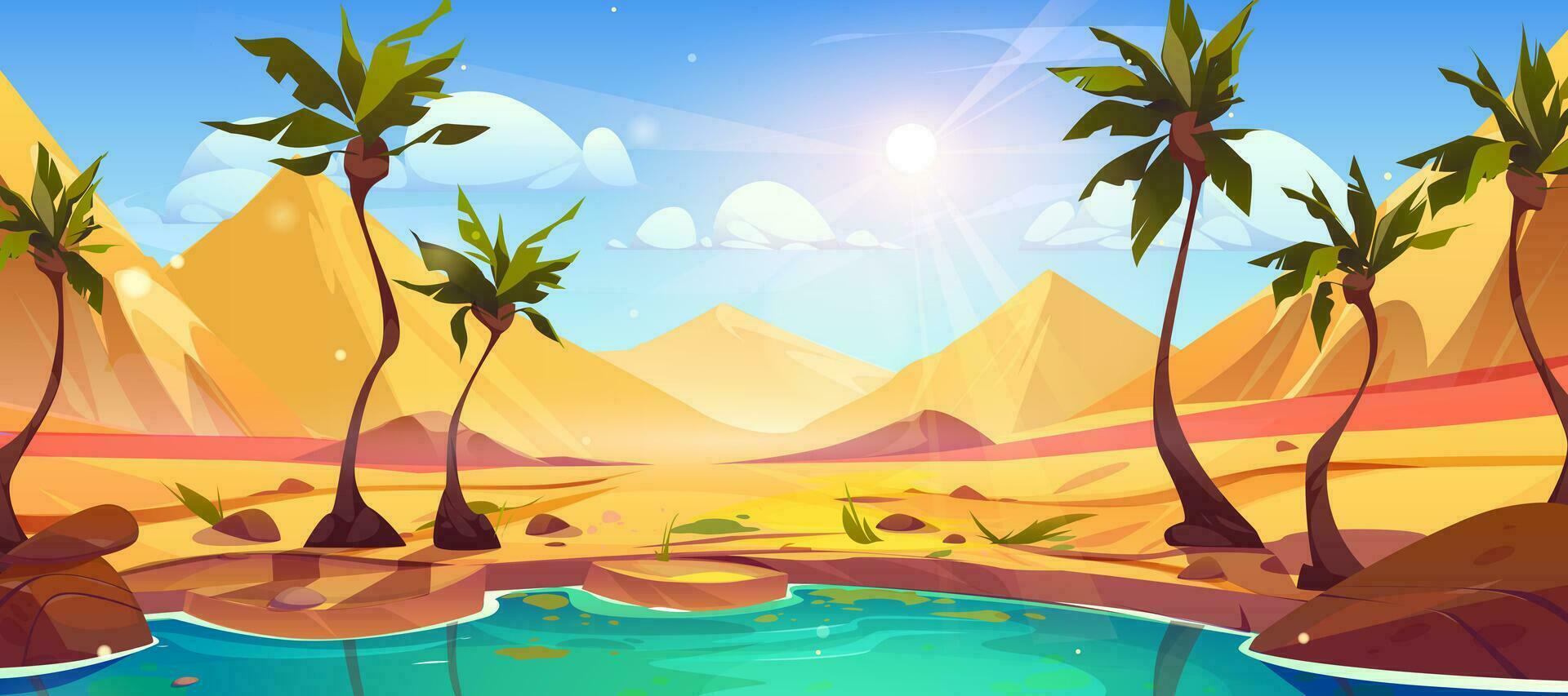 desenho animado oásis dentro sahara deserto com Palma panorama vetor