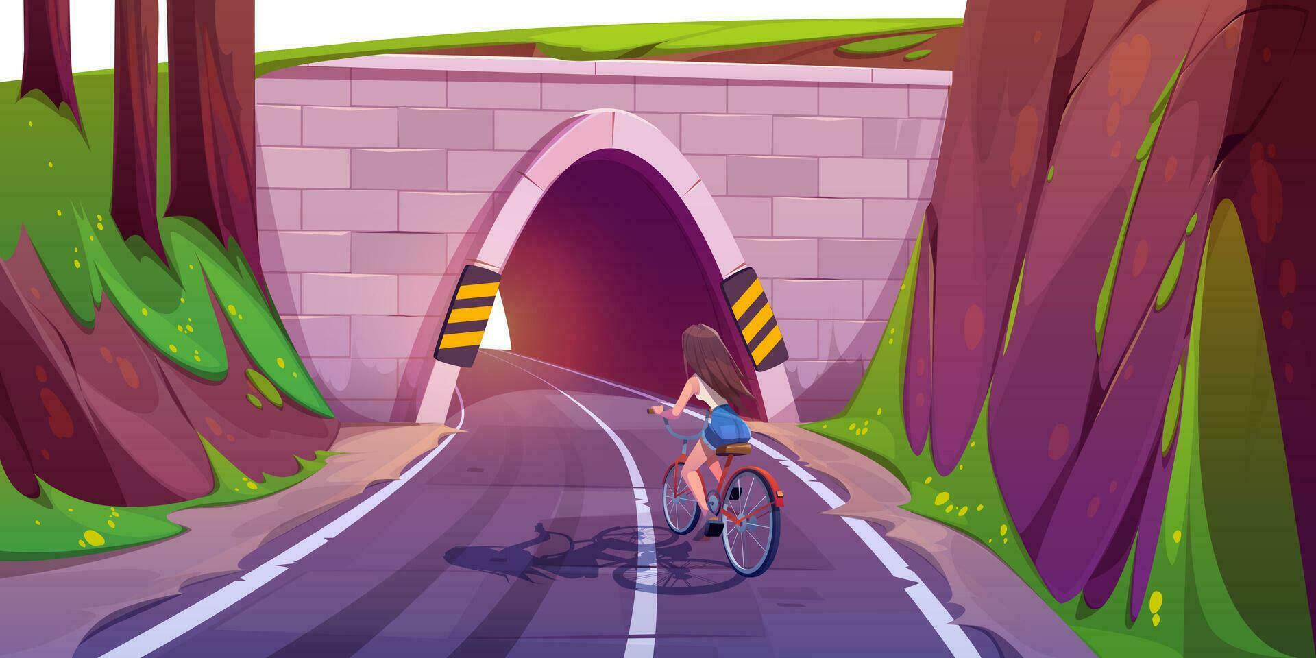 menina ciclismo em rodovia com túnel através Colina vetor