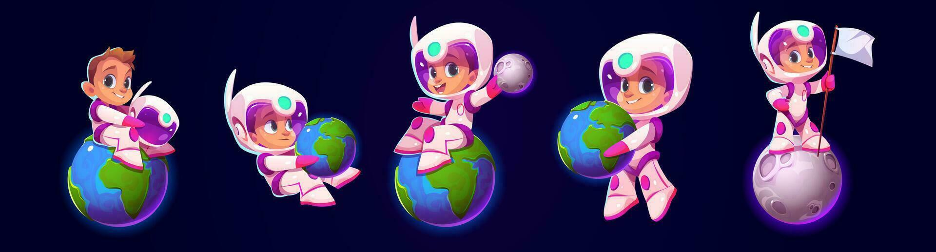 desenho animado criança astronauta jogando com planetas vetor