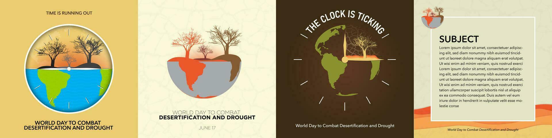 mundo dia para combate desertificação e seca coleção. relógio e terra conceito. Tempo é corrida fora. modelo. quadrado. seco solo e árvores cópia de espaço. vetor ilustração. eps 10. editável. definir.