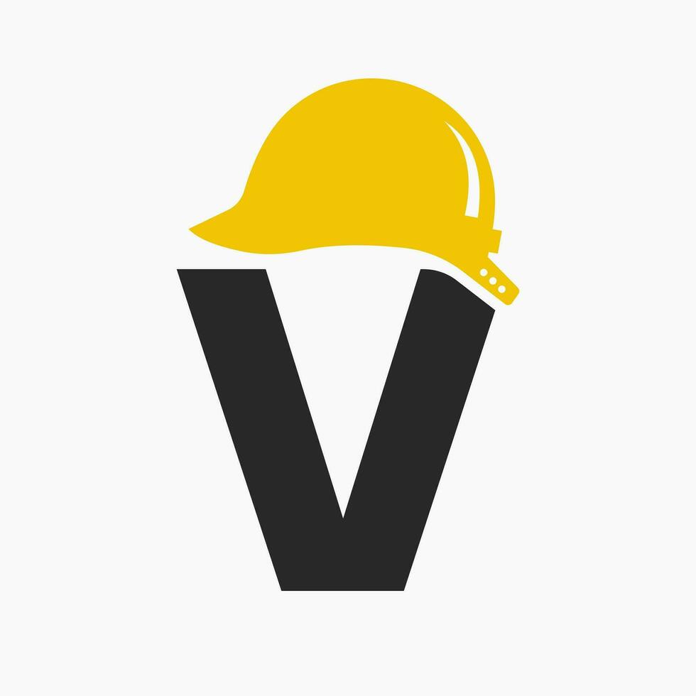 carta v capacete construção logotipo conceito com segurança capacete ícone. Engenharia arquiteto logótipo vetor