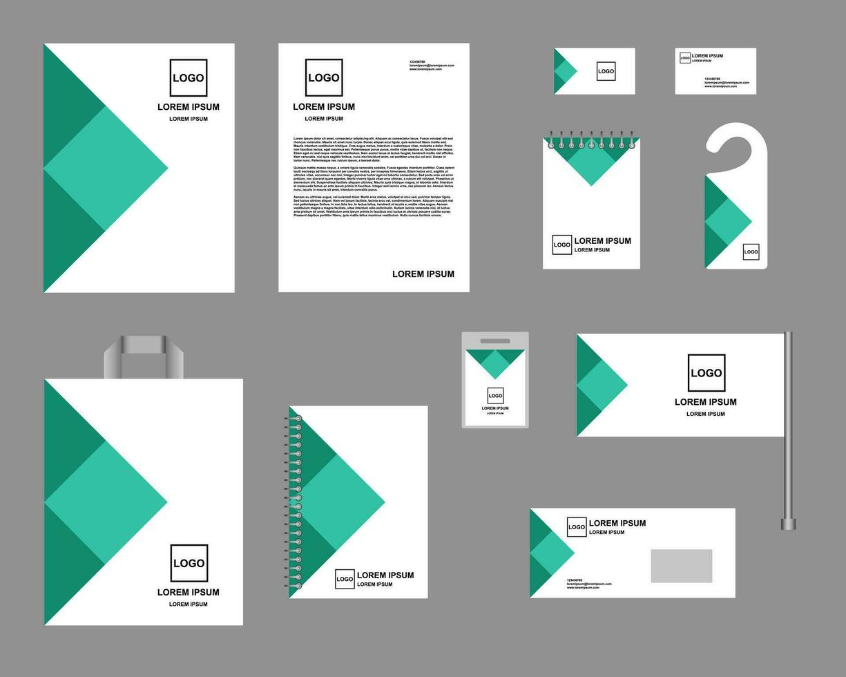 identidade, corporativo estilo. conjunto do modelos para projeto, vetor. verde e branco cor, Projeto com quadrados e triângulos. vetor
