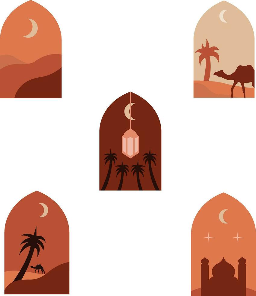 boho islâmico janelas. e arcos com moderno boho projeto, lua, mesquita cúpula e lanternas para Projeto decoração.ilustração vetor