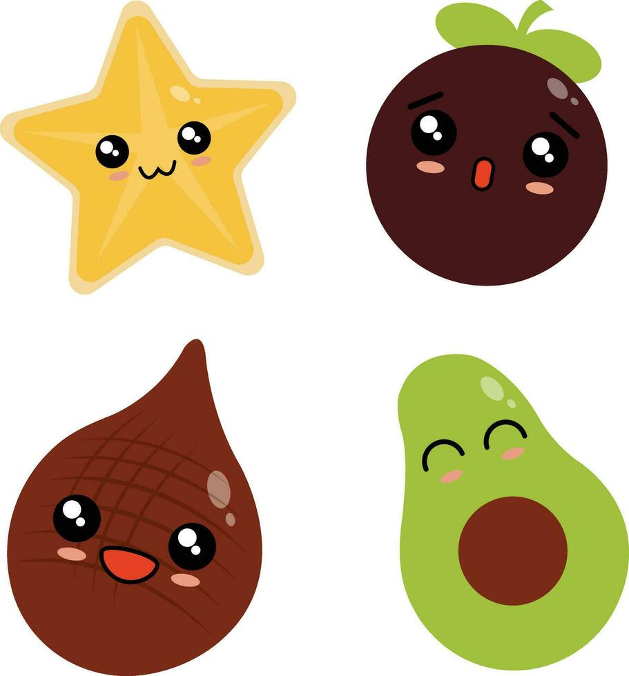 fofa fruta, feliz fofa conjunto do sorridente fruta rostos. vetor conjunto do plano desenho animado ilustração icons.for Projeto decoração ilustração