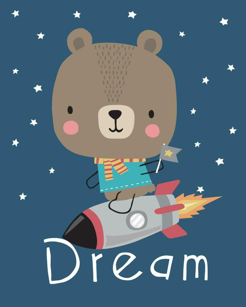 vetor ilustração do desenho animado Urso em uma foguete com a palavras Sonhe