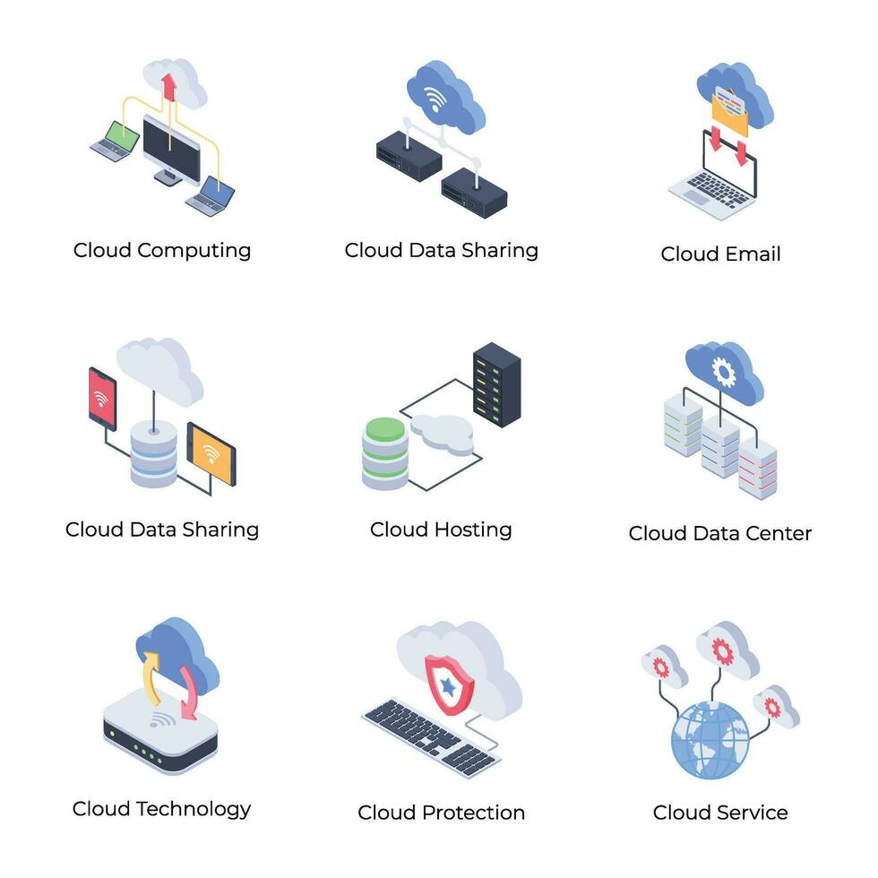 nuvem tecnologia isométrico ícones conjunto vetor