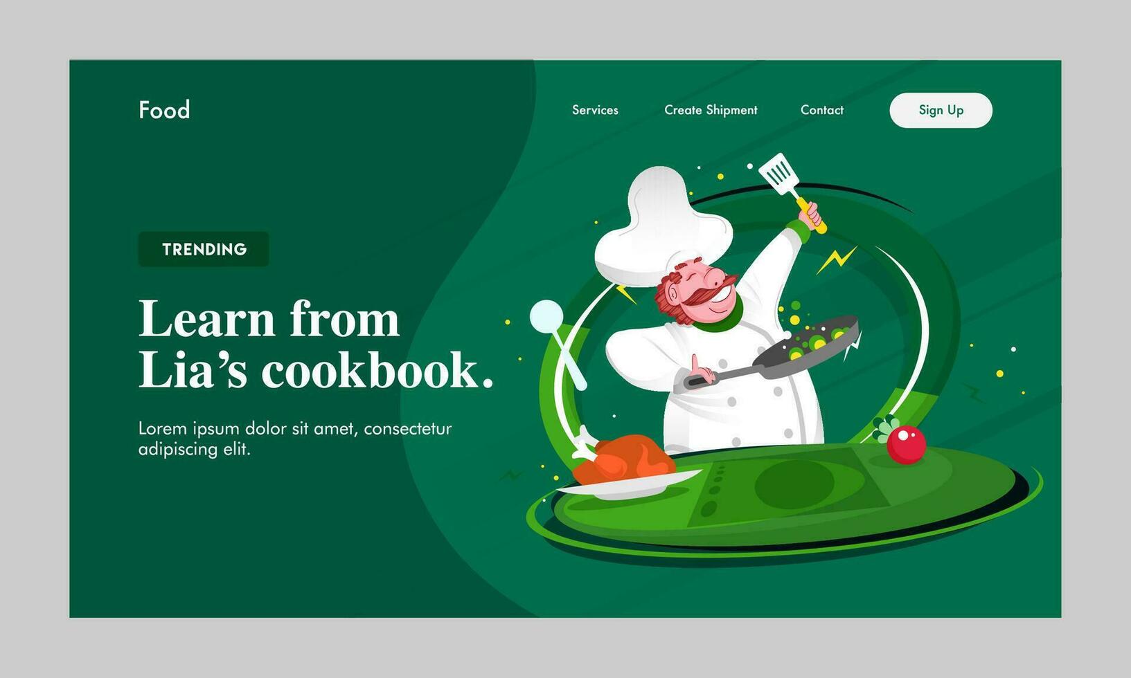 aterrissagem página ou herói bandeira Projeto com engraçado chefe de cozinha personagem cozinhando em verde fundo para aprender a partir de garantia livro de receitas. vetor