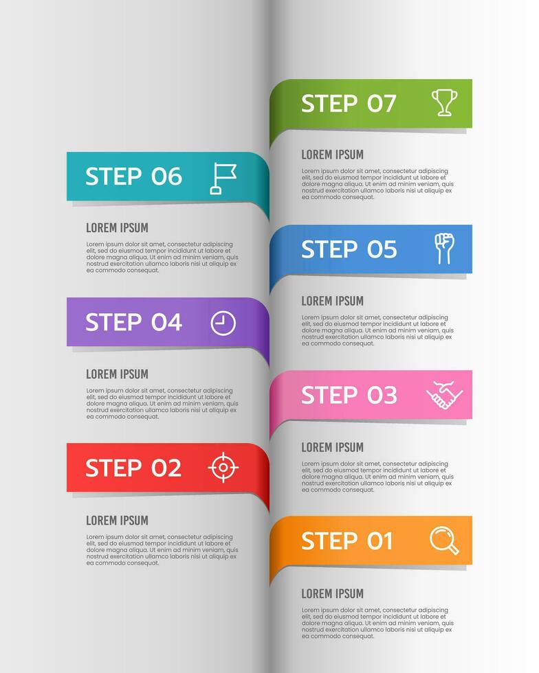 infográfico etiquetas dentro a livro Projeto modelo. Linha do tempo com 7 passos para sucesso. o negócio apresentação. vetor ilustração.