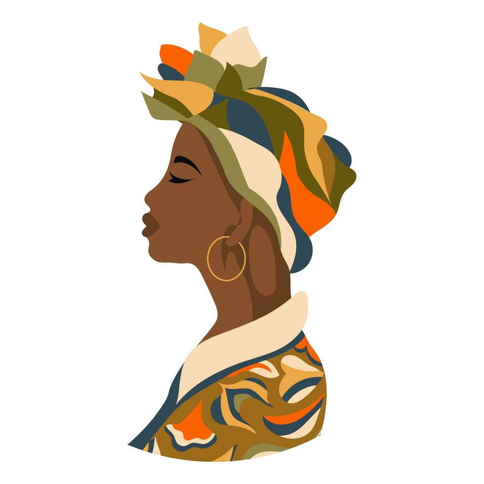 retrato de uma linda mulher africana em um cocar nacional no perfil. ilustração, vetor