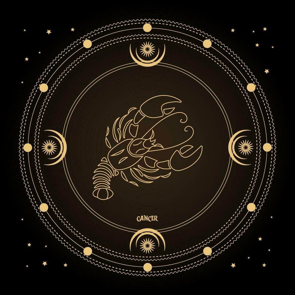 signo de câncer, signo de horóscopo astrológico em um círculo místico com lua, sol e estrelas. desenho dourado, vetor