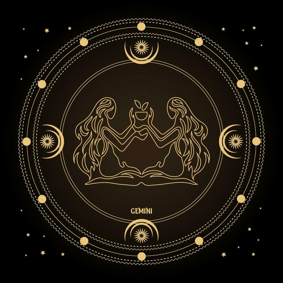 signo de gêmeos, signo de horóscopo astrológico em um círculo místico com lua, sol e estrelas. desenho dourado, vetor