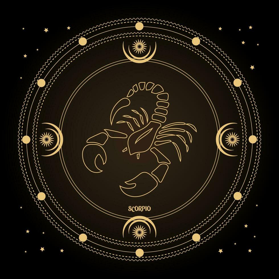 signo de escorpião, signo de horóscopo astrológico em um círculo místico com lua, sol e estrelas. desenho dourado, vetor