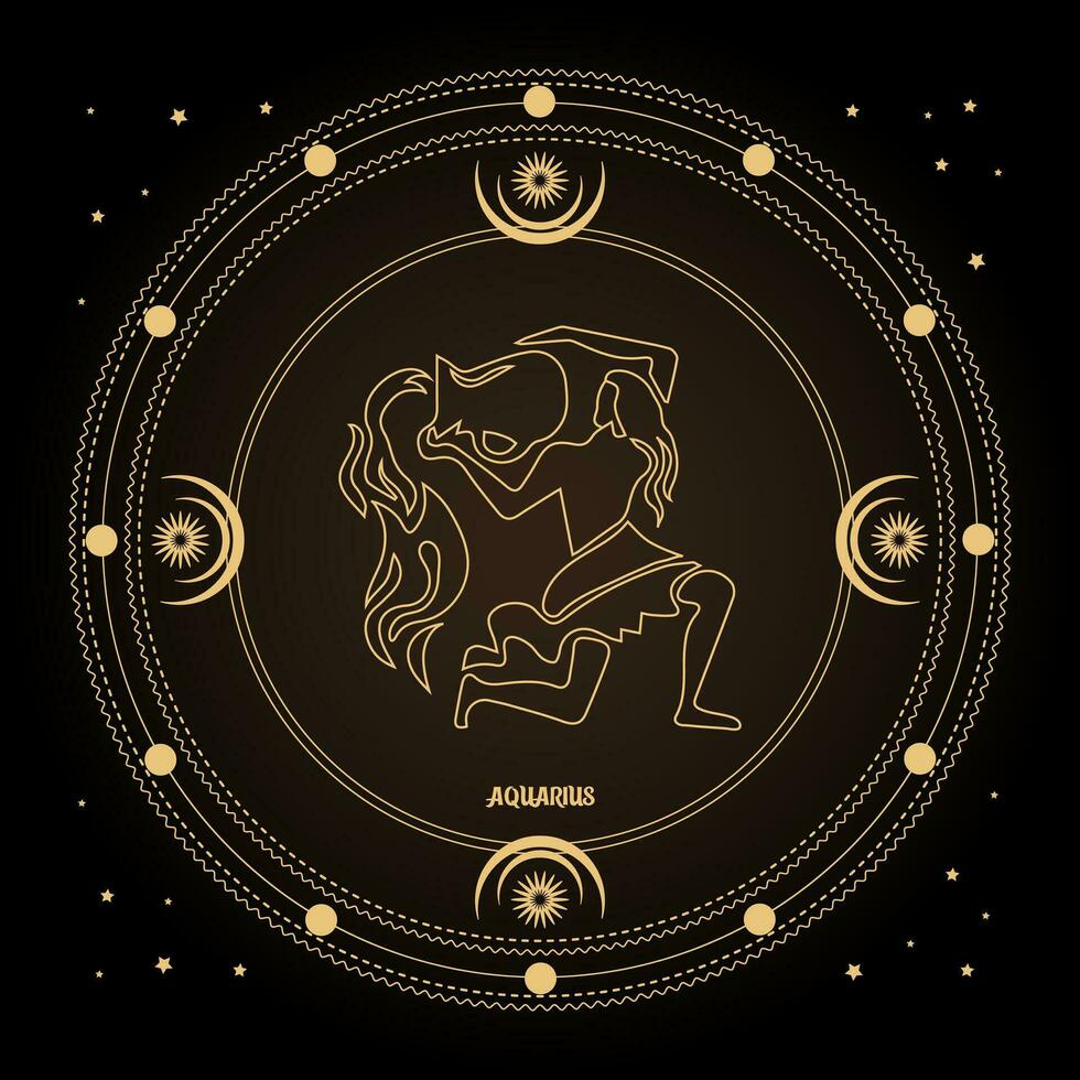 signo de aquário, signo de horóscopo astrológico em um círculo místico com lua, sol e estrelas. desenho dourado, vetor