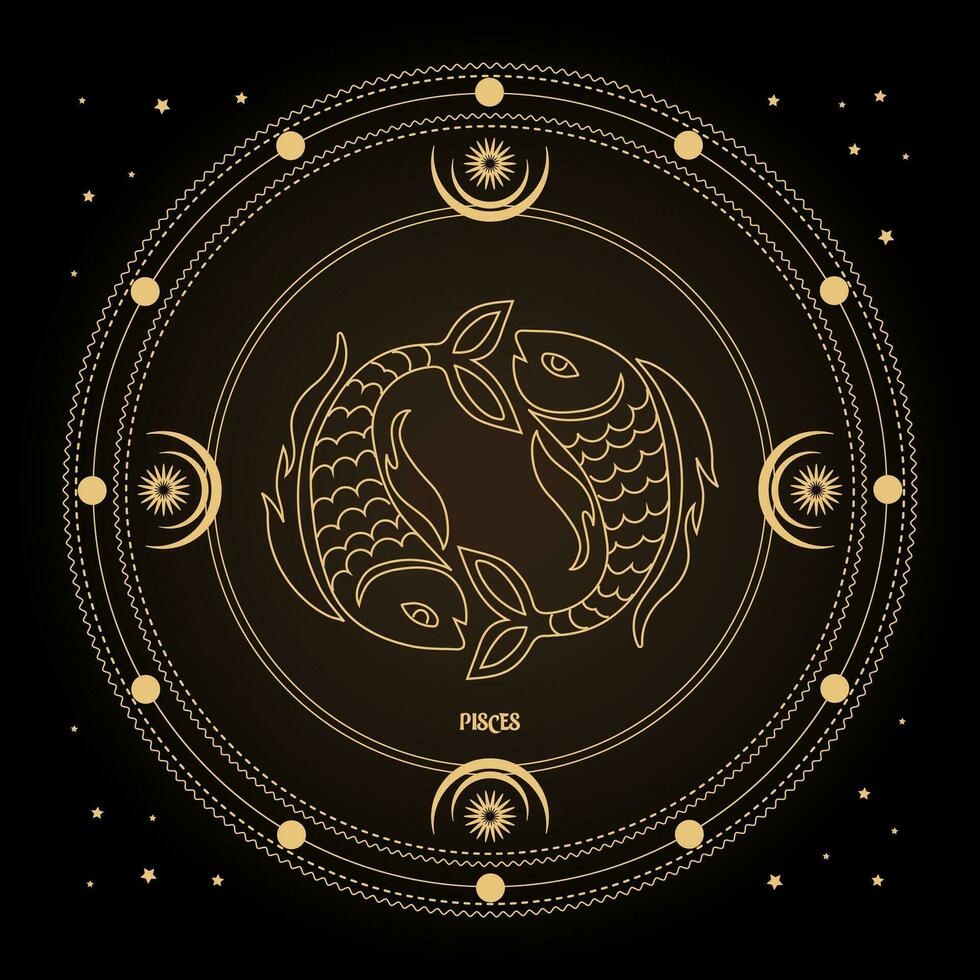 signo de peixes, signo de horóscopo astrológico em um círculo místico com lua, sol e estrelas. desenho dourado, vetor