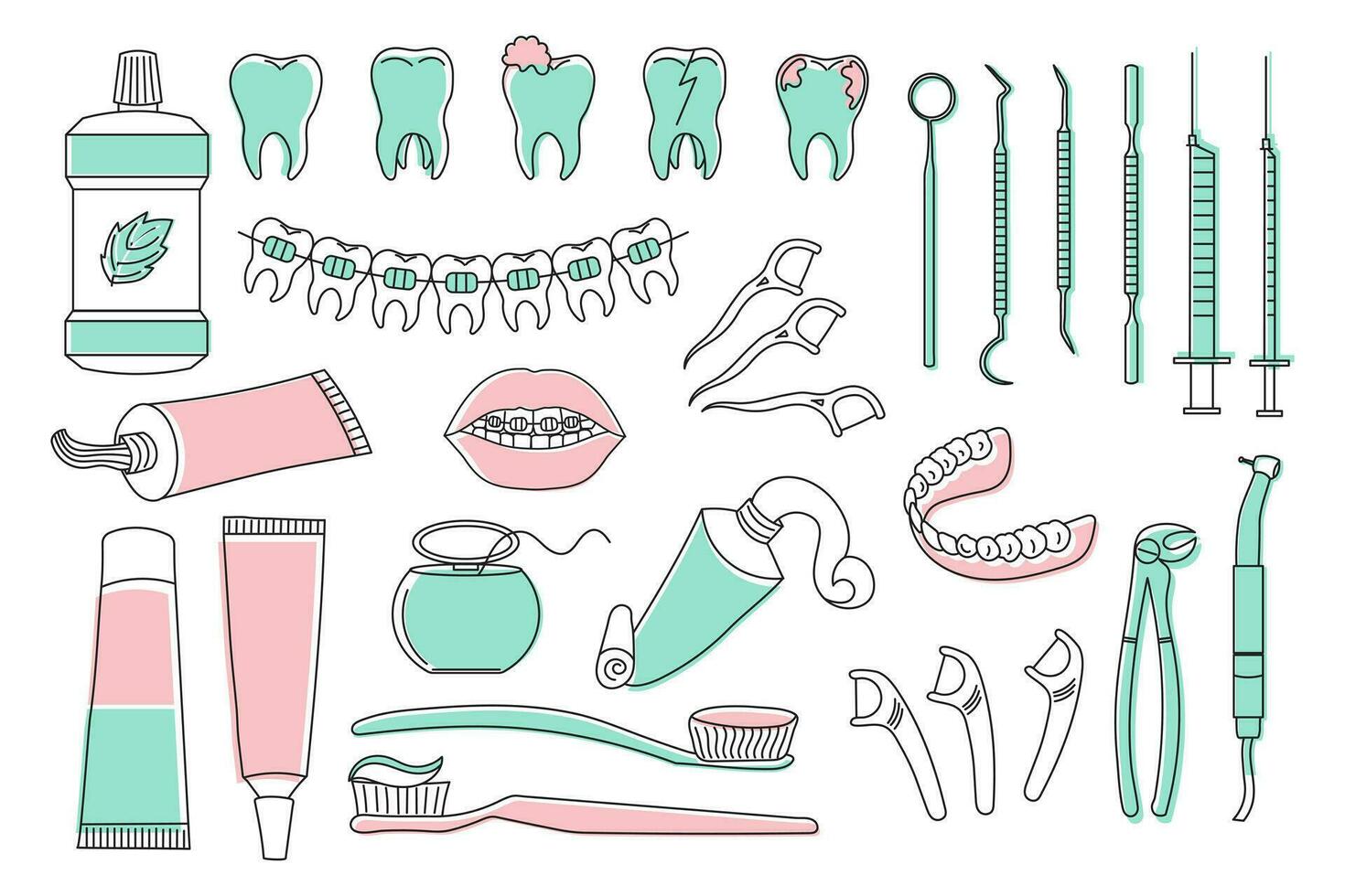 dental ícones definir, odontologia símbolos coleção. esboços com cor, logotipo ilustrações, dental clínica linear sinais definir. vetor