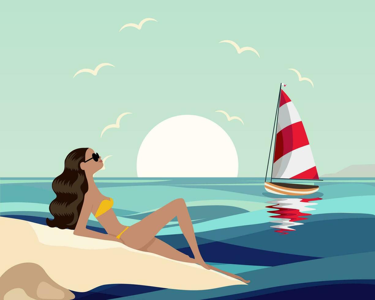marinha, mulher bonita em óculos de sol, banhos de sol na praia do mar. clipart, impressão, arte de parede vetor