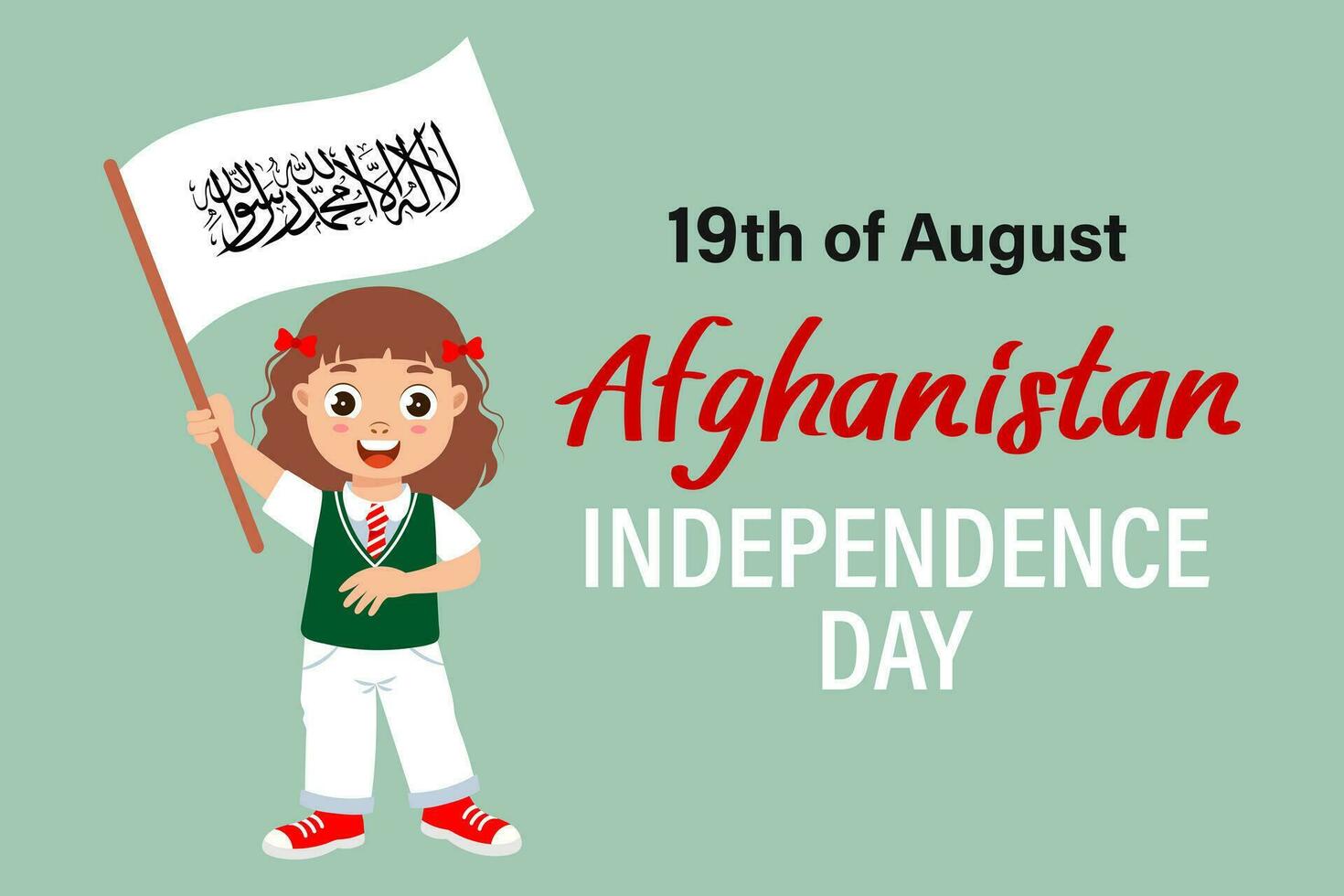 Afeganistão independência dia. fofa pequeno menina com Afeganistão bandeira. desenho animado ilustração, bandeira, poster, vetor