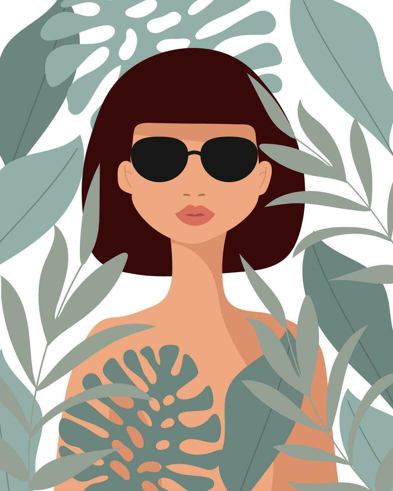 lindo mulher dentro oculos de sol em uma fundo do tropical folhas. poster, imprimir, plano ilustração vetor