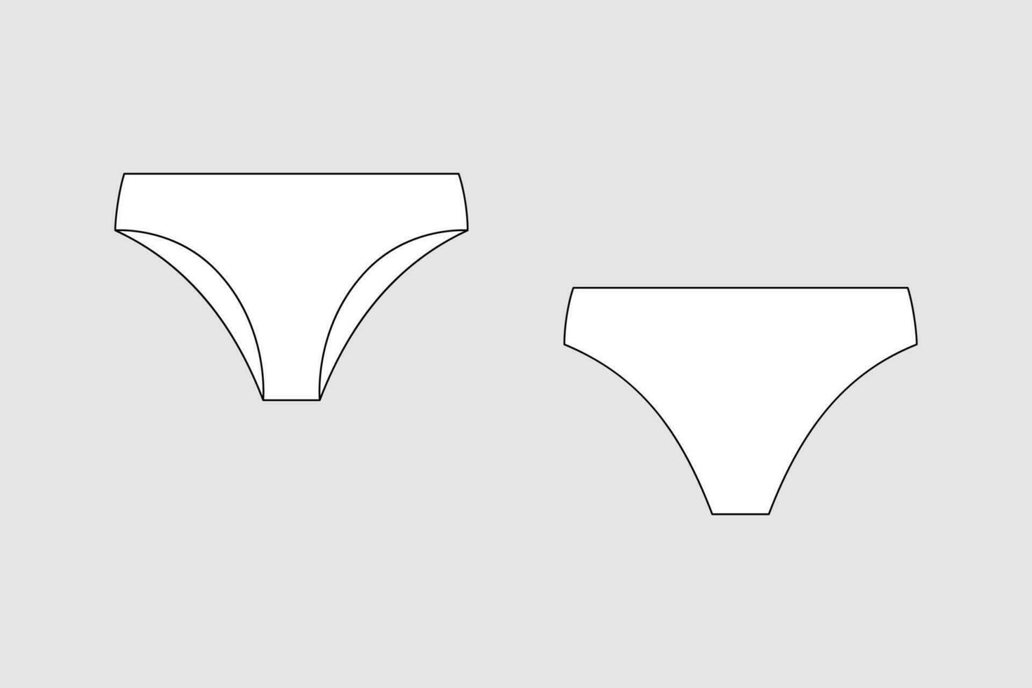 lingerie cuecas, cuecas. fêmea vetor modelo isolado em uma cinzento fundo. frente e costas visualizar. esboço moda técnico esboço do roupas modelo.