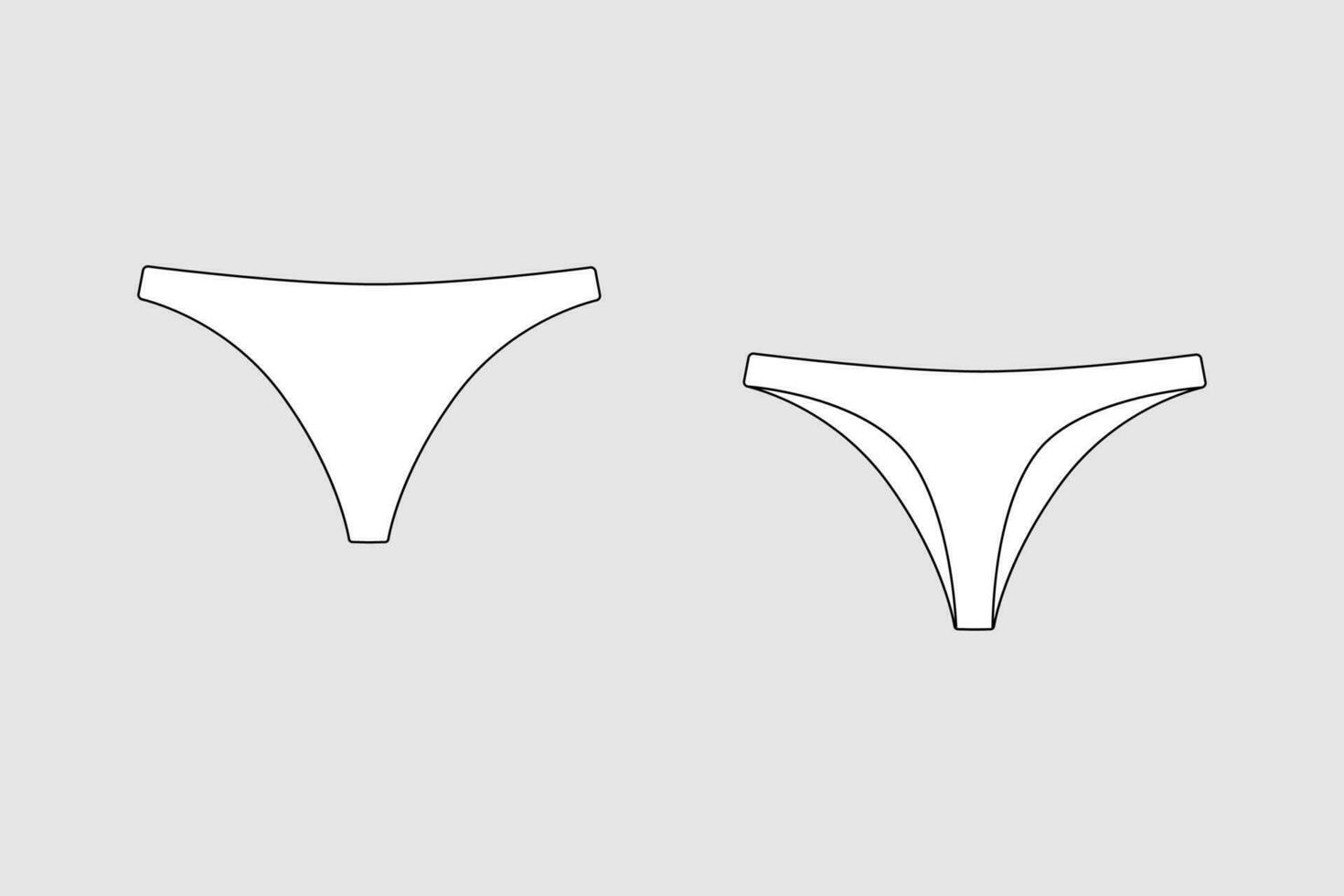 lingerie cuecas, cuecas. fêmea vetor modelo isolado em uma cinzento fundo. frente e costas visualizar. esboço moda técnico esboço do roupas modelo.