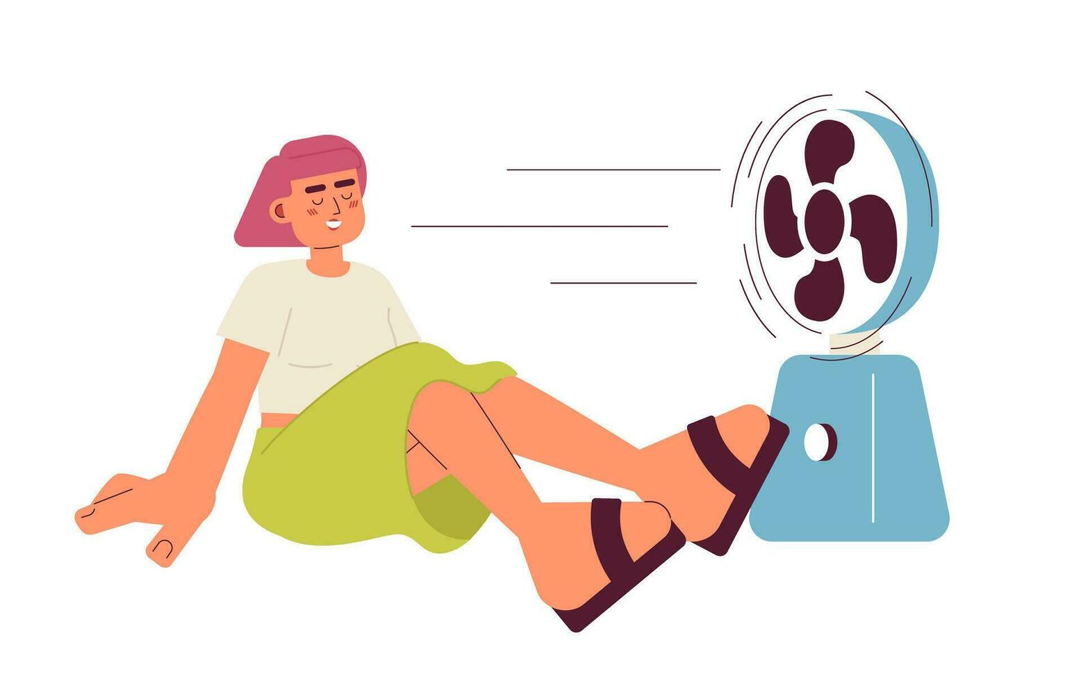 quente verão ventilador plano vetor local ilustração. ásia jovem mulher sentado dentro frente do ventilador 2d desenho animado personagem em branco para rede ui Projeto. ventilador mulher isolado editável criativo herói imagem