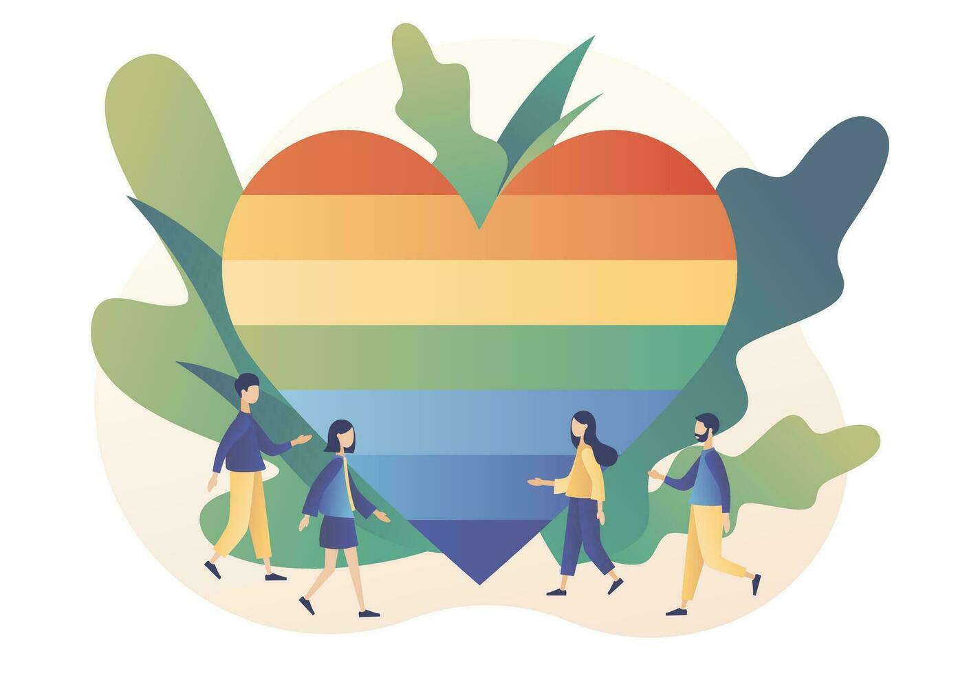 lgbt movimento conceito. minúsculo pessoas com arco Iris colori coração. amor parada. amor é amar. moderno plano desenho animado estilo. vetor ilustração em branco fundo