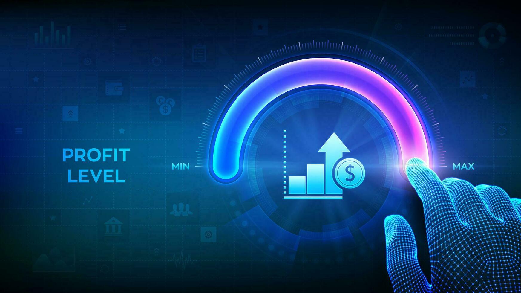 aumentando lucro nível. estrutura de arame mão é puxar acima para a máximo posição círculo progresso Barra com a lucro ícone. finança conceito do lucratividade ou Retorna em investimento. vetor ilustração.