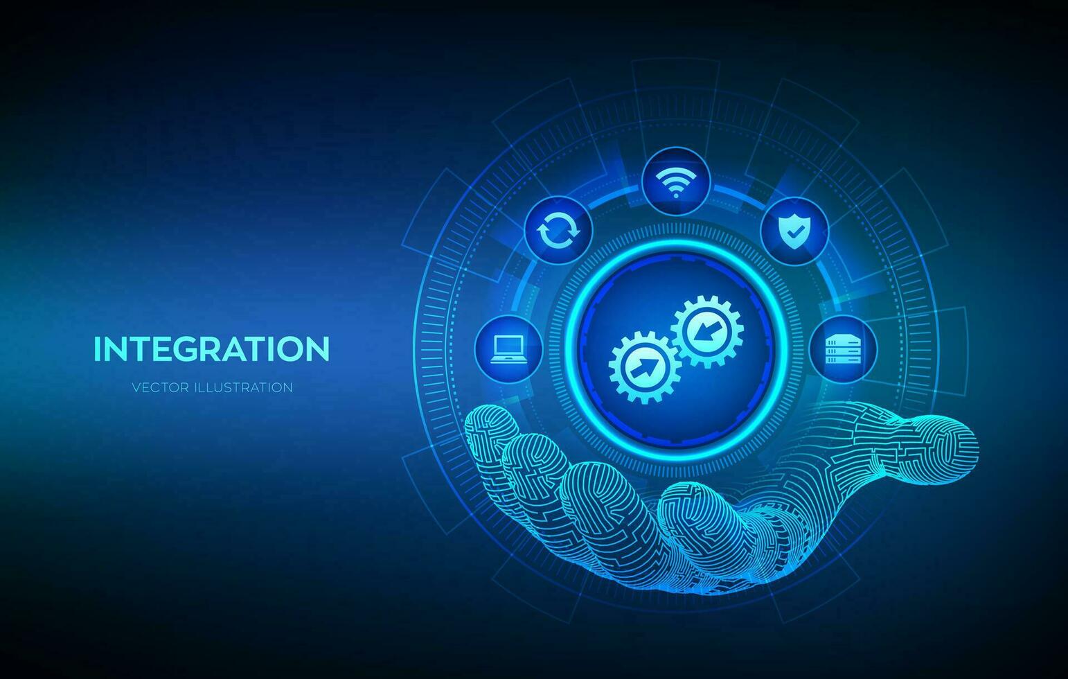 integração dados sistema. sistema integração tecnologia conceito dentro robótico mão. industrial e inteligente tecnologia. o negócio e automação soluções. vetor ilustração.