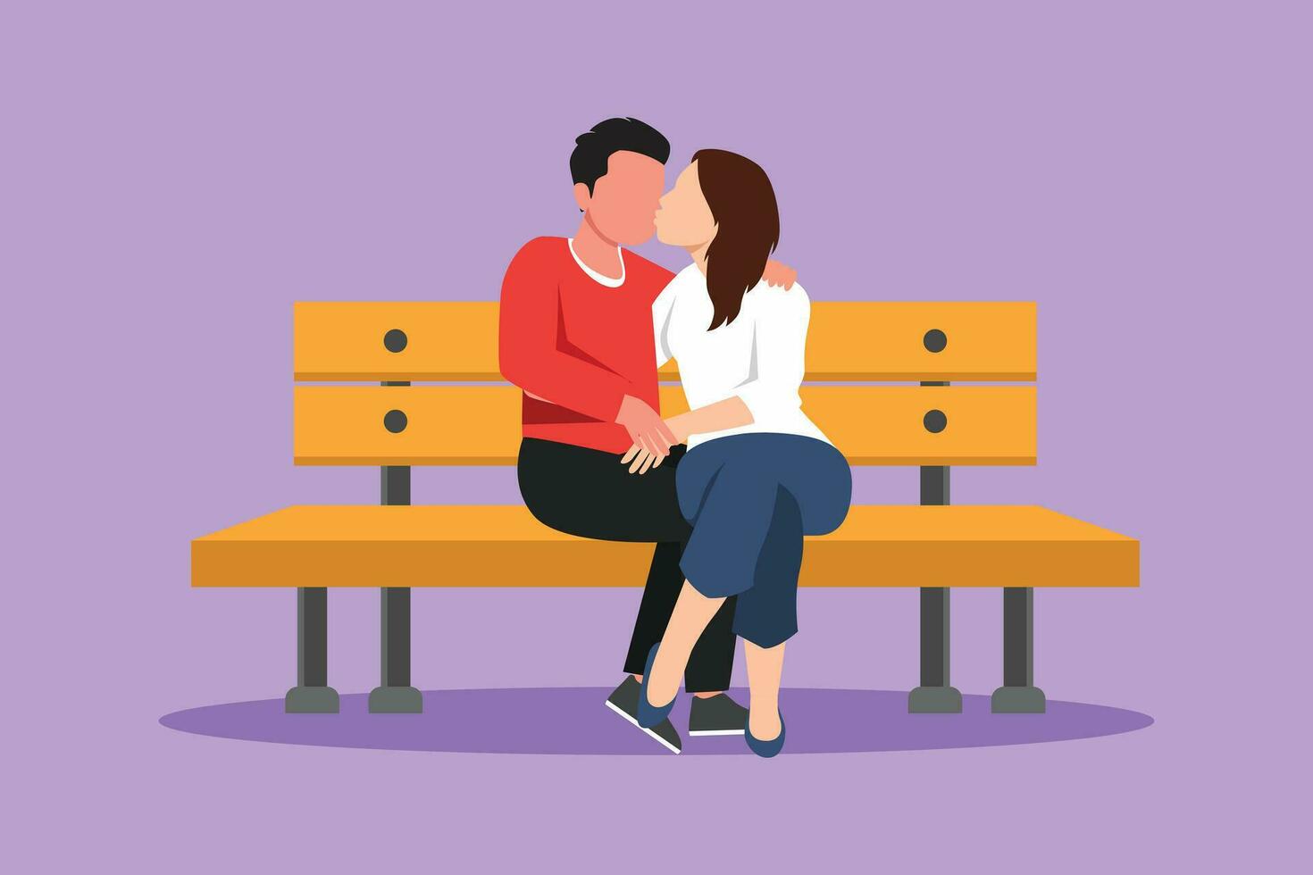 personagem plano desenhando se beijando casal cena. feliz homem e bonita mulher face para face sentado em parque Banco e se beijando cada outro. romântico casal namoro dentro Primavera. desenho animado Projeto vetor ilustração