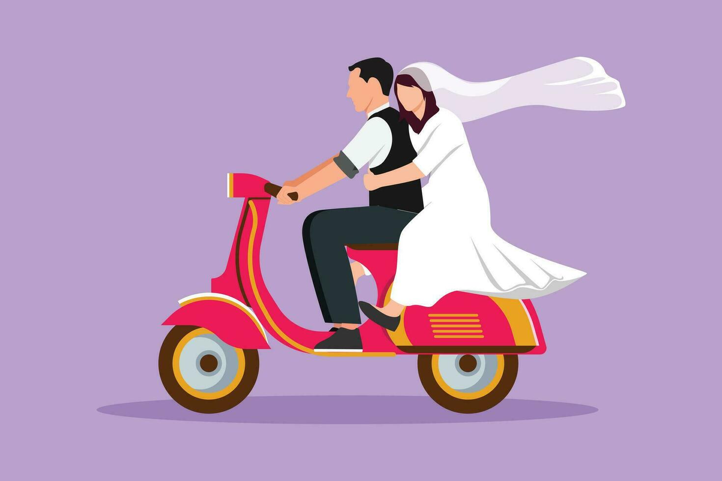 gráfico plano Projeto desenhando feliz casado casal equitação motocicleta. homem dirigindo lambreta e mulher estão passageiro enquanto abraçando vestindo Casamento vestir. dirigindo com segurança. desenho animado estilo vetor ilustração