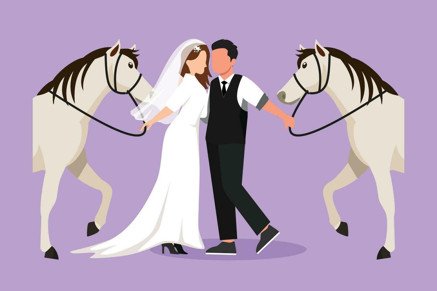 gráfico plano Projeto desenhando romântico casado casal com cavalos. jovem bonito homem e beleza mulher vestindo Casamento vestir com cavalo. noivado e amor relação. desenho animado estilo vetor ilustração