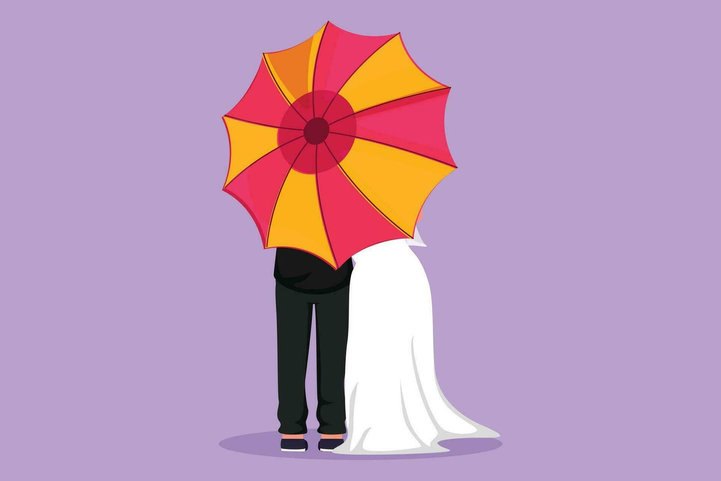 desenho animado plano estilo desenhando costas Visão casado casal homem e mulher, caminhando segurando guarda-chuva debaixo chuva com Casamento vestir. romântico casal às chuvoso outono clima. gráfico Projeto vetor ilustração