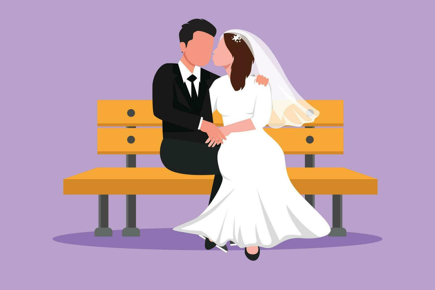 gráfico plano Projeto desenhando feliz homem e lindo mulher face para face sentado em parque Banco e se beijando com Casamento vestir. romântico casado casal namoro dentro Primavera. desenho animado estilo vetor ilustração