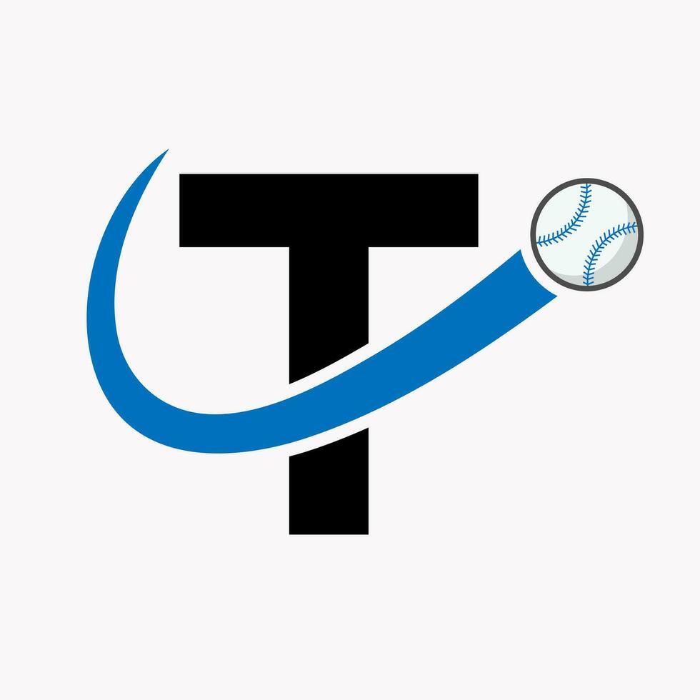 conceito de logotipo de beisebol letra t com modelo de vetor de ícone de beisebol em movimento