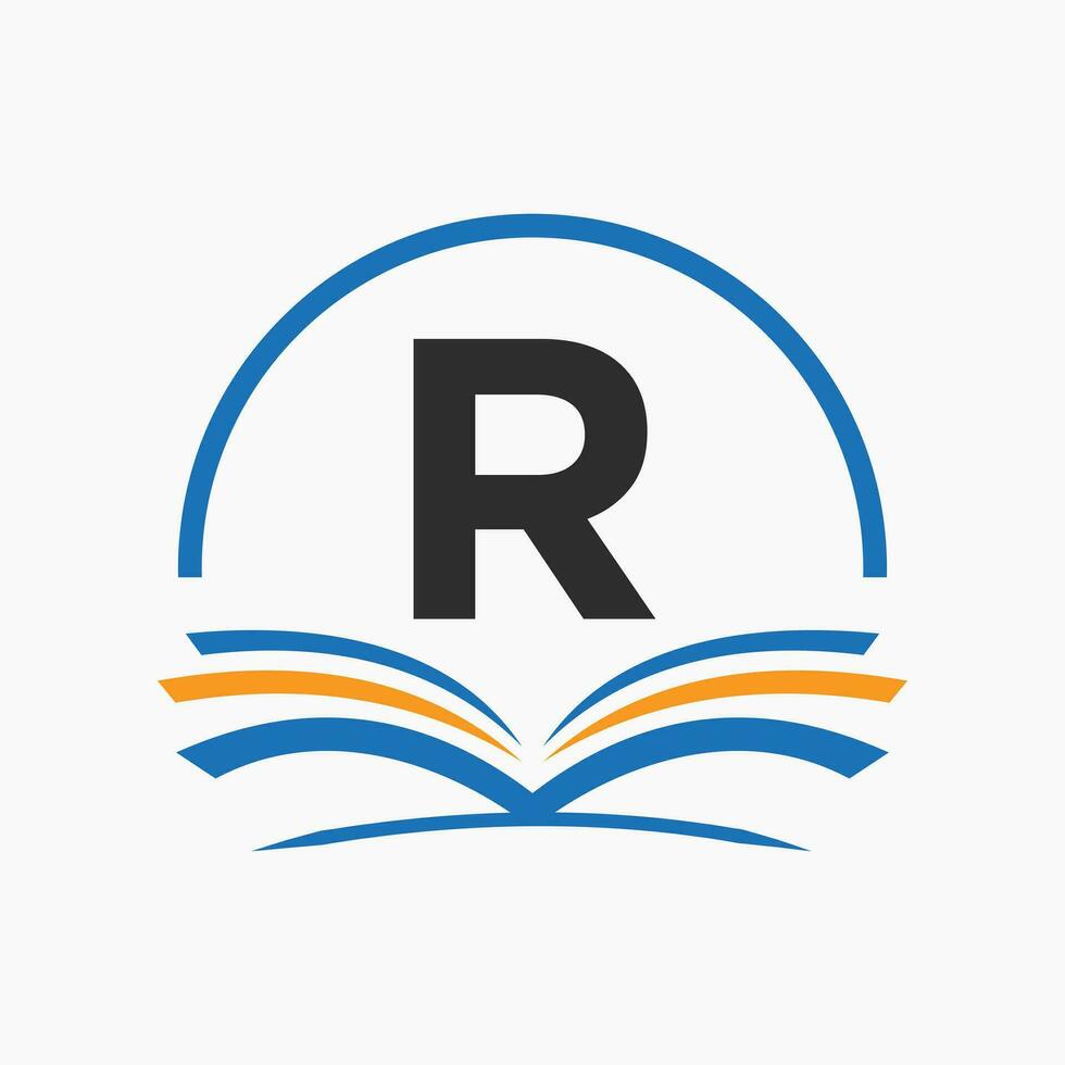 conceito de livro de logotipo de educação de letra r. sinal de carreira de treinamento, universidade, design de modelo de logotipo de formatura da academia vetor