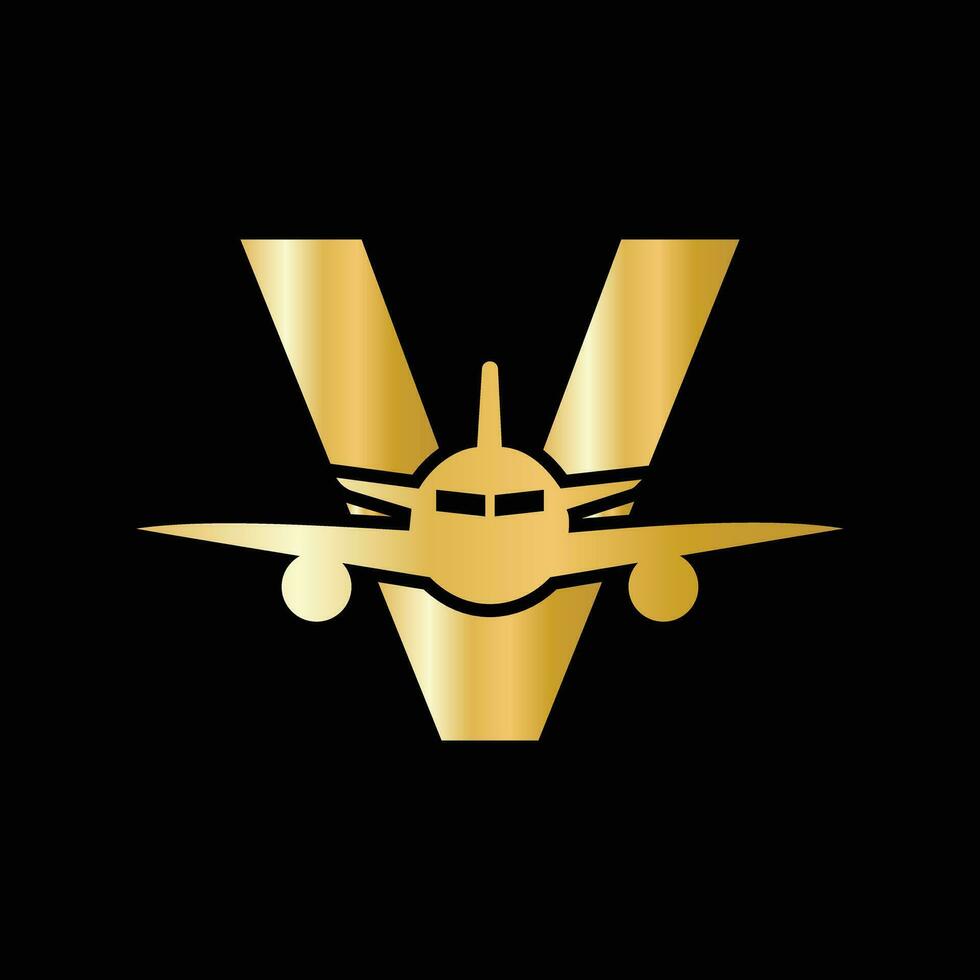 conceito de logotipo de viagem letra v com símbolo de avião voador vetor