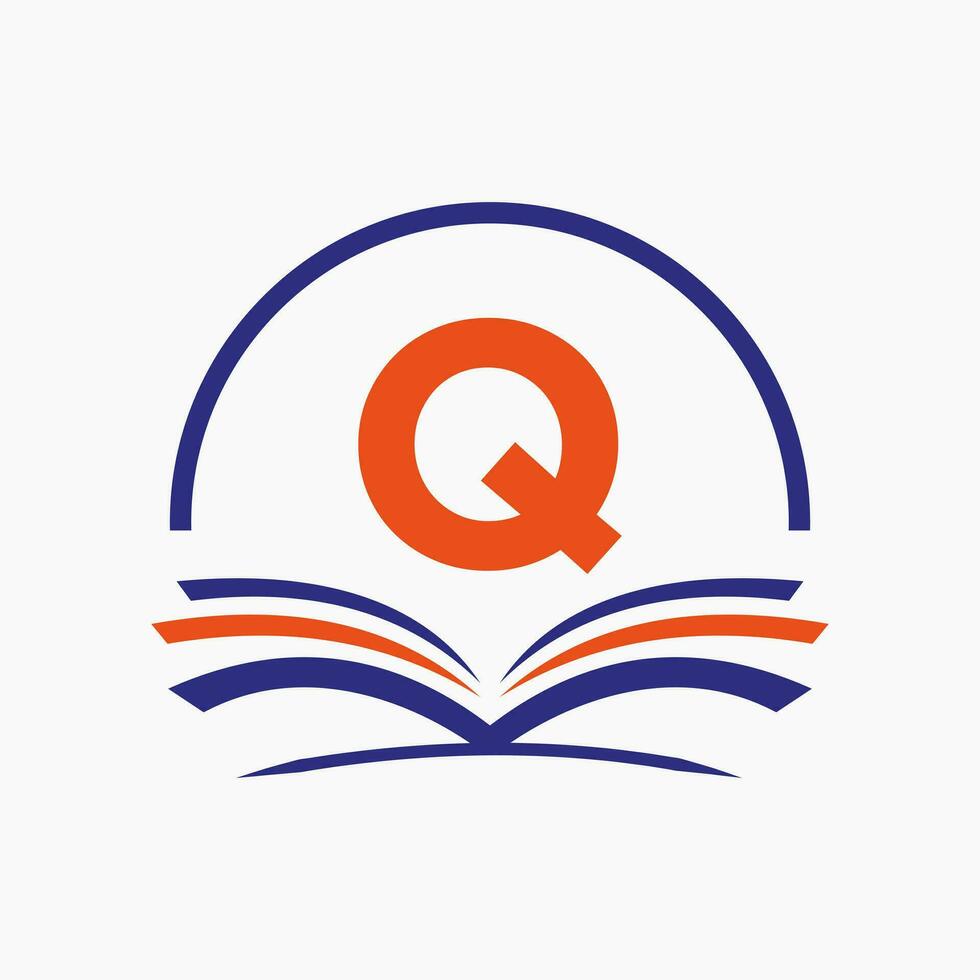 conceito de livro de logotipo de educação de letra q. sinal de carreira de treinamento, universidade, design de modelo de logotipo de formatura da academia vetor