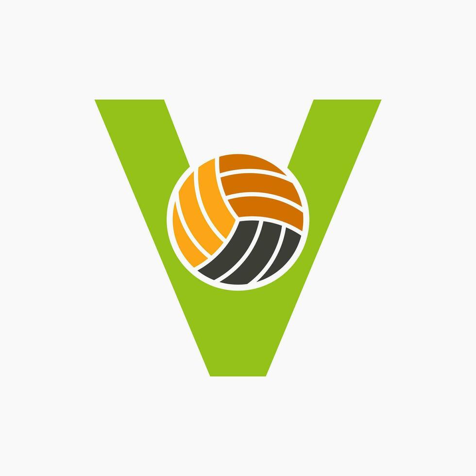 carta v voleibol logotipo conceito com comovente voleio bola ícone. voleibol Esportes logótipo modelo vetor