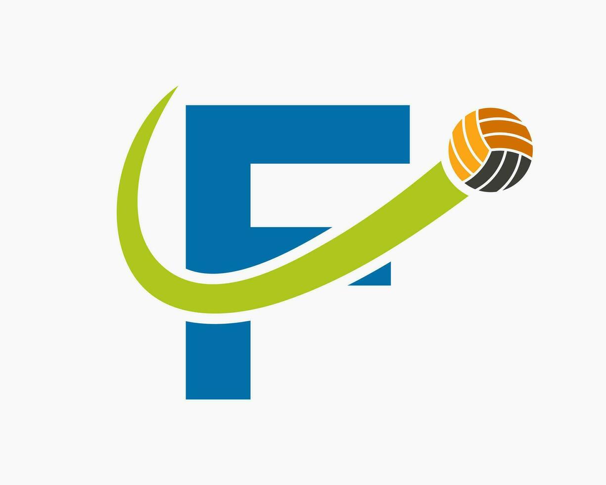 carta f voleibol logotipo conceito com comovente voleio bola ícone. voleibol Esportes logótipo modelo vetor