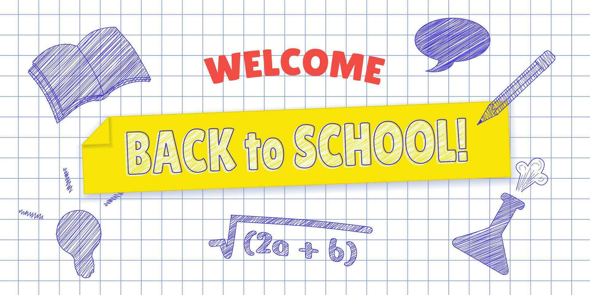 costas para escola bandeira com caneta estilizado texto e escola suprimentos em volta, bem-vinda costas para escola amarelo adesivo em uma papel fundo. vetor