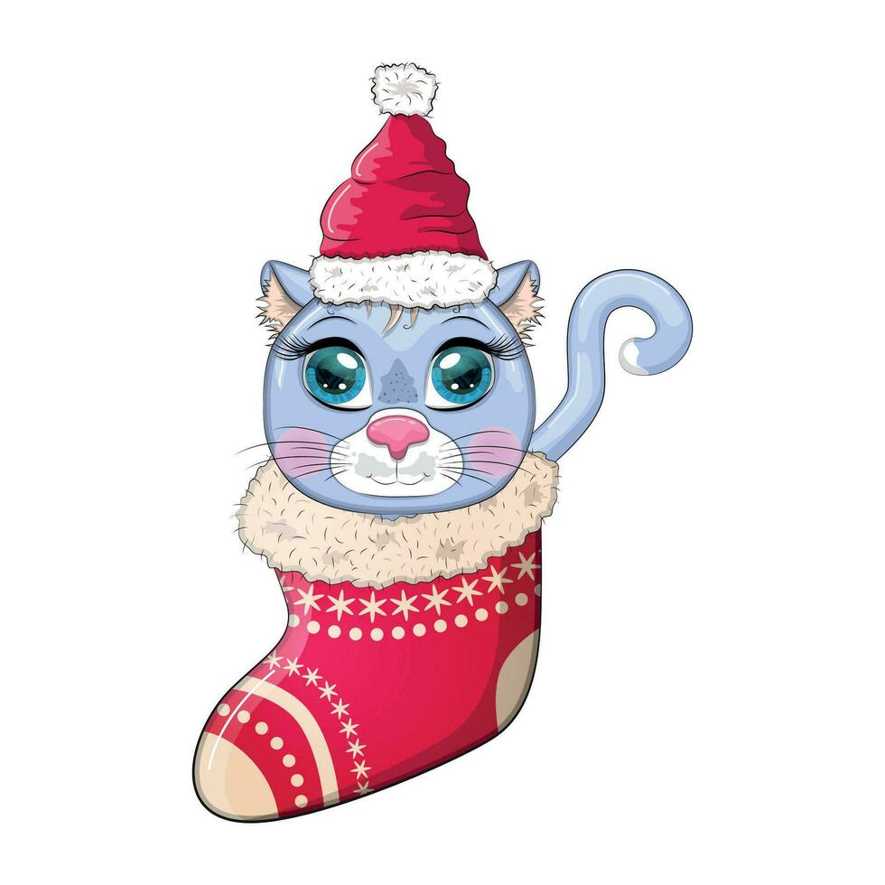 gato bonito dos desenhos animados em um chapéu de papai noel em uma meia de natal. inverno 2023, natal e ano novo chinês. vetor
