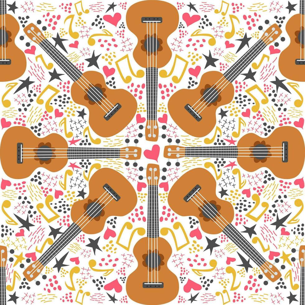 ukulele desatado padrão, ukulele. padronizar com monstro, folhas, flores, notas, inscrições vetor