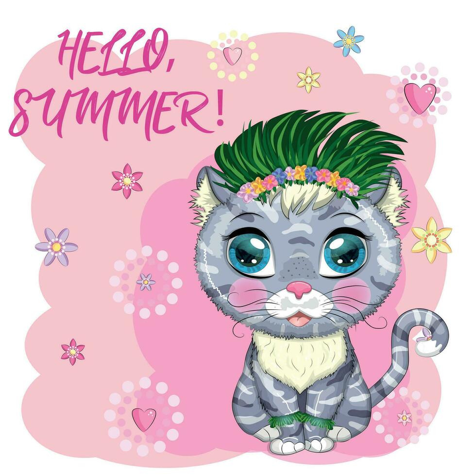 gato de desenho animado vestido como dançarino de hula sob o ukulele, havaí. férias de verão. personagem de criança fofa, símbolo de 2023 vetor