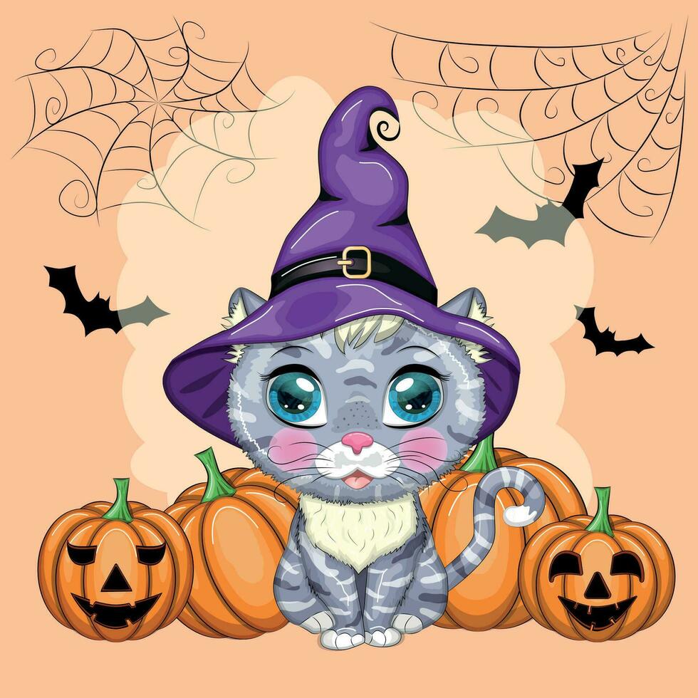 gato de desenho animado com chapéu de bruxa roxo com vassoura, abóbora, poção. personagem de halloween, pôster. símbolo de 2023 vetor